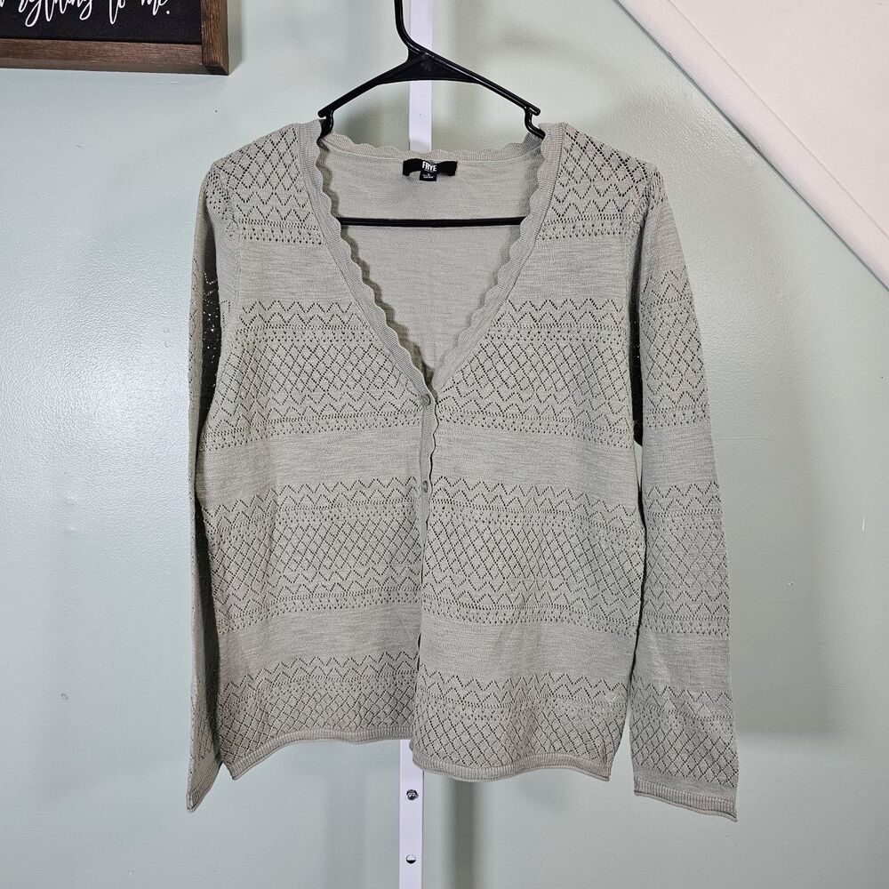 Frye Women's Pointelle‎ Cardigan Scalloped Knit Sweater Seagrass Green Large